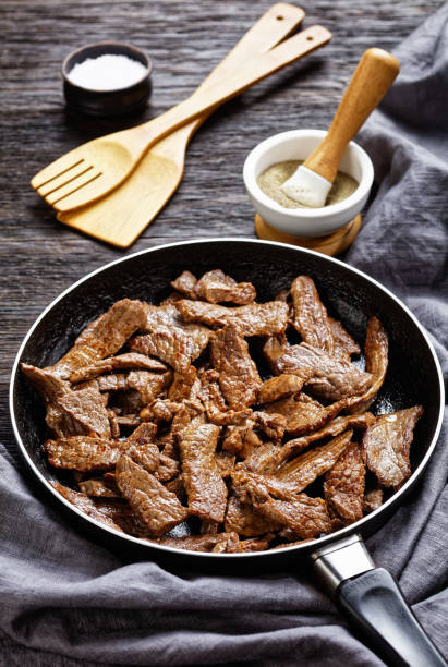 istock fried ribeye beef steak cut into strips on a skillet on a dark wooden table 1266946224