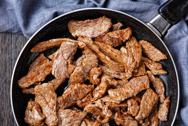 istock fried ribeye beef steak cut into strips on a skillet on a dark wooden table 1266946225