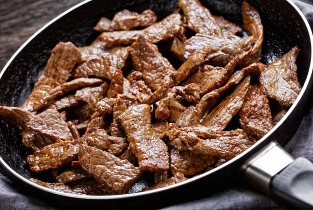 istock fried ribeye beef steak cut into strips on a skillet on a dark wooden table 1266946243