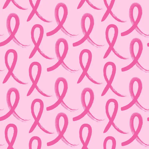 Vector illustration of Seamless pattern with hand drawn pink ribbon.