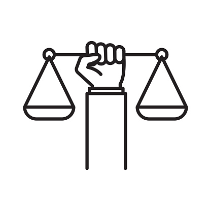 Civil rights icon. Law and justice concept. Weight scales justice hold in hand judge. Vector illustration isolated on white background