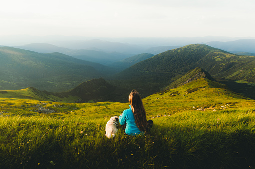 Woman traveler with long hair and her small beautiful dog - pug breed resting at the picturesque meadow with panoramic view of the mountains drying bright sunny sunset in Carpathian Mountains