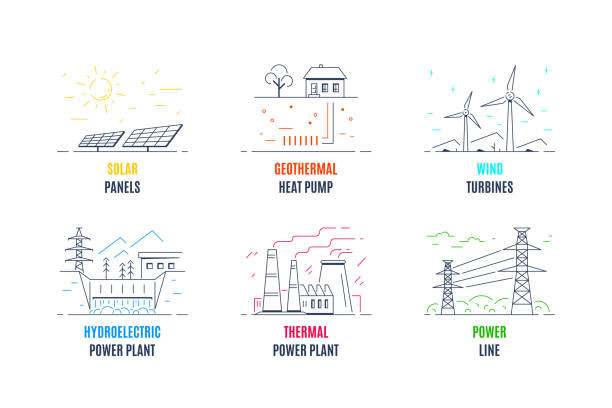 illustrations, cliparts, dessins animés et icônes de ensemble de modèles de logo de types d’énergie, conception d’icône de style plat. - fuel and power generation illustrations