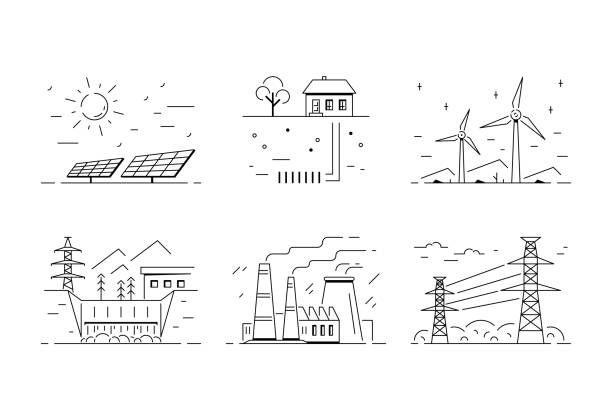 illustrations, cliparts, dessins animés et icônes de ensemble de modèles de logo de types d’énergie, conception d’icône de style plat. - renewable energy power line electricity fuel and power generation