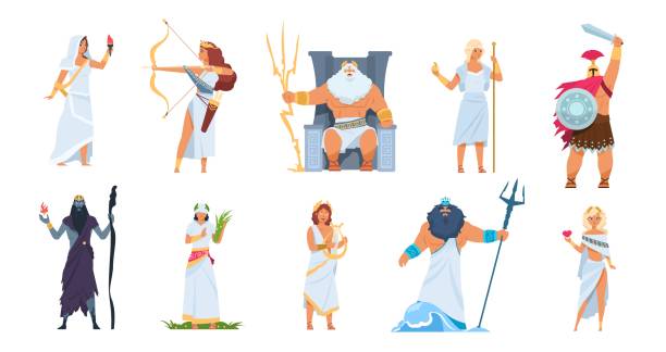 1910.m30.i010.n010.S.c12.1390480448 Ancient Greek gods. Cartoon cute legendary characters of ancient mythology, Vector male and female heroes isolated on white Ancient Greek gods. Cartoon cute legendary characters of ancient mythology. Vector male and female heroes mountain Olympus isolated on white set greece illustrations stock illustrations