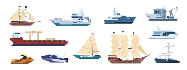 Vector illustration of 1910.m30.i010.n021.S.c12.1432983275 Flat ships. Sailing yachts, marine sailboats and motor ships, ocean transportation types. Vector catamaran and powerboat set