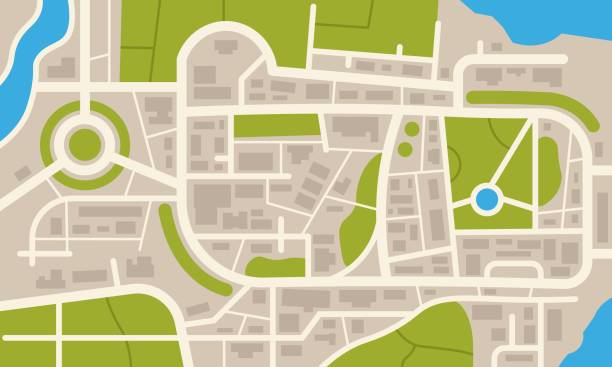 都市ナビゲーションマップ。トップビュー、シンプルな漫画の街の地図と街の公園や川のフラットプラン。ベクターダウンタウンパターン - 平面形点のイラスト素材／クリップアート素材／マンガ素材／アイコン素材