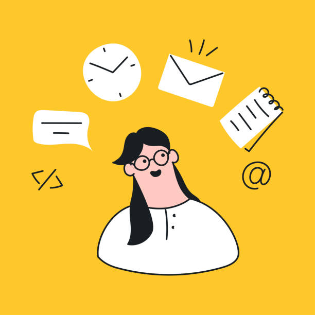 ilustrații de stoc cu femeie multitasking la locul de muncă - vector - focalizare în prim plan