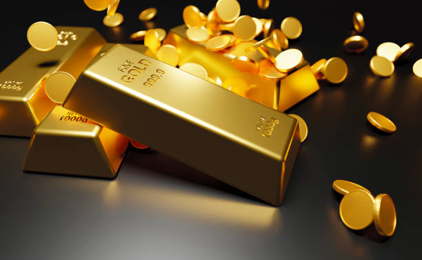 istock Gold bars and coins on black background 3D Render 1266952159