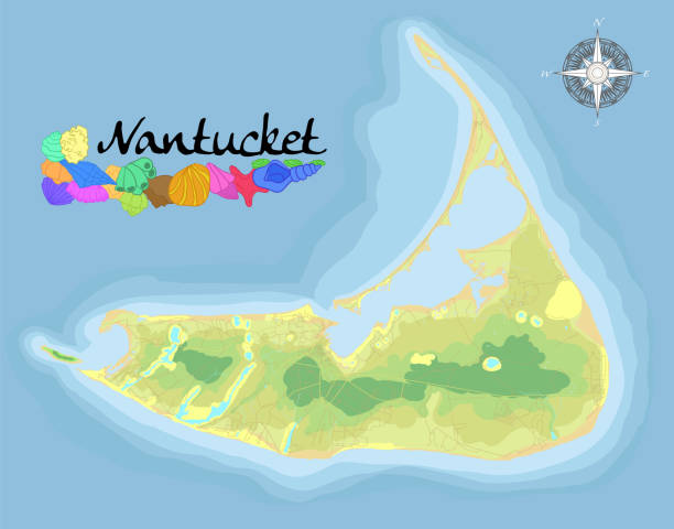 낸터킷 섬 도로. 해변, 휴식 및 엔터테인먼트 장소의 지정과 현실적인 위성 배경지도. 지도 학적 정확도로 그려집니다. 조감도. - massachusetts map cartography nantucket stock illustrations