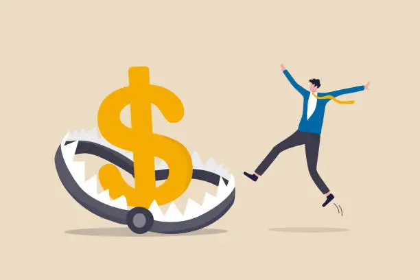 Vector illustration of Financial money trap, risk in investment, ponzi scheme or business pitfall concept, businessman investor running and jumping into lore money pitfall or mouse trap with big money dollar sign bait.