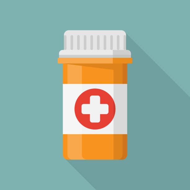 ilustraciones, imágenes clip art, dibujos animados e iconos de stock de botella de píldora de naranja con un símbolo de cruz médica - receta médica