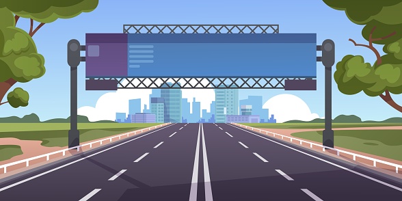 Cartoon highway. Empty road with city skyline on horizon and nature landscape, highway view. Vector scene with road to city with information board, illustration asphalt road without people and cars