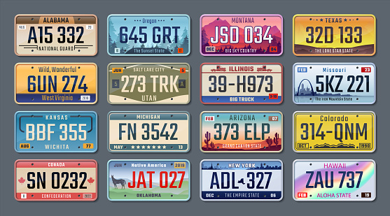 Car plates. American registration numbers of different states, vehicles license plates. Vector isolated illustration colored signs set on gray background