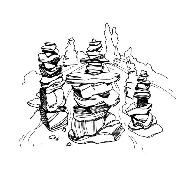 케 른. 강에 돌 더미. 흰색 배경에 벡터 llustration. - cairn stacking stone rock stock illustrations