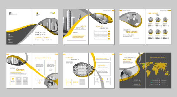 Brochure creative design. Multipurpose template, include cover, back and inside pages. Trendy minimalist flat geometric design. Vertical a4 format. brochure template stock illustrations