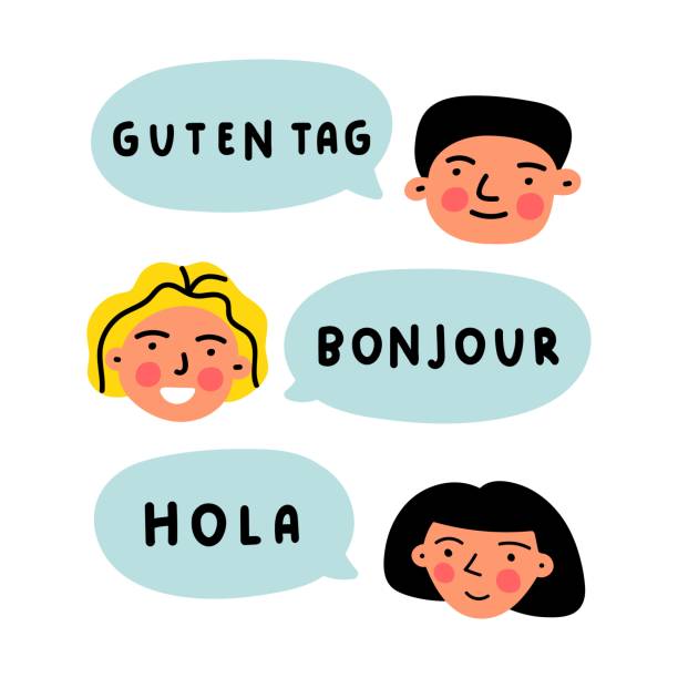 Happy multilingual kids. Guten tag, Bonjour, Hola it's greeting in German, French, Spanish. Vector illustration on white background. french language learn stock illustrations