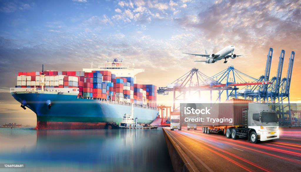 Globale Logistik Import Export Hintergrund und Container Cargo Fracht Schiff Transport Geschäftskonzept - Lizenzfrei Fracht Stock-Foto