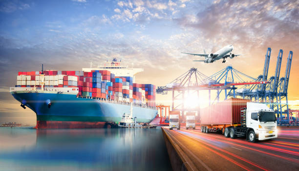 globale logistik import export hintergrund und container cargo fracht schiff transport geschäftskonzept - internationale finanzen stock-fotos und bilder