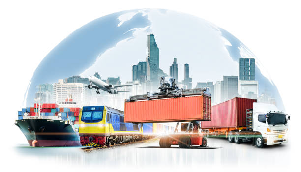 exportación de importación de logística empresarial global sobre fondo blanco y concepto de transporte de buques de carga de contenedores - freight liner fotografías e imágenes de stock