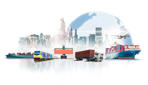 globalna logistyka biznesowa importuje eksport na białym tle i koncepcji transportu towarowego kontenerów - freight liner zdjęcia i obrazy z banku zdjęć
