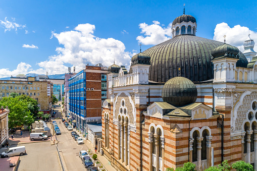 Aerial wide shot of building of Sofia synagogue in city of Sofia, Bulgaria (Bulgarian: Софийска синагога) The picture was taken at night with DJI Phantom 4 Pro drone / quadcopter