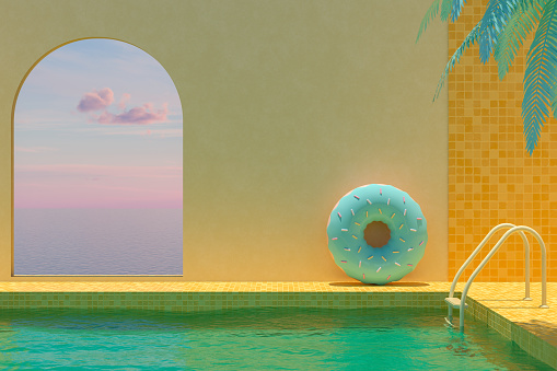 3d rendering of swimming pool and inflatable donut. Summer Concept. Travel destinations. Inflatable Ring.