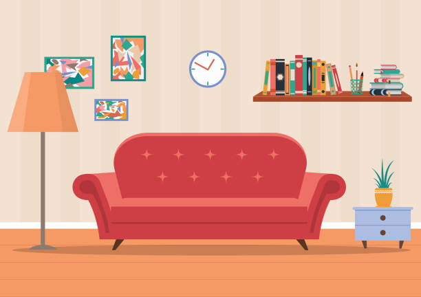 Living Room Interior In Home Design Of Cozy Room With Sofa Lamp Clock  Flower Books Flat Illustration Of Livingroom With Furniture For Guest  Cartoon Lounge Background Stock Illustration - Download Image Now -