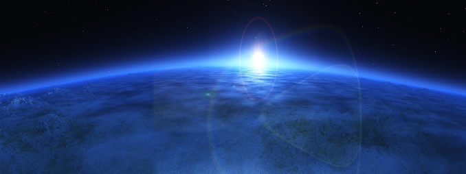 Sunrise over the Earth, the Earth in clouds under the rising sun, 3D rendering