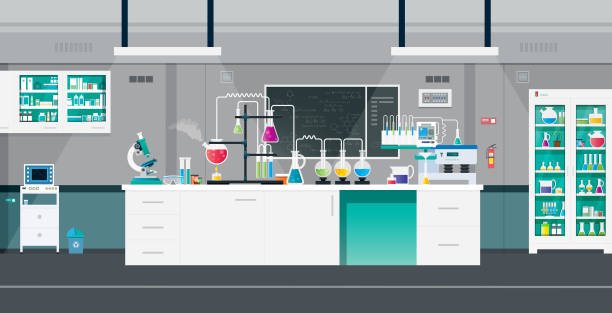 Science lab Scientific laboratories with experimental tools and equipment. laboratory stock illustrations