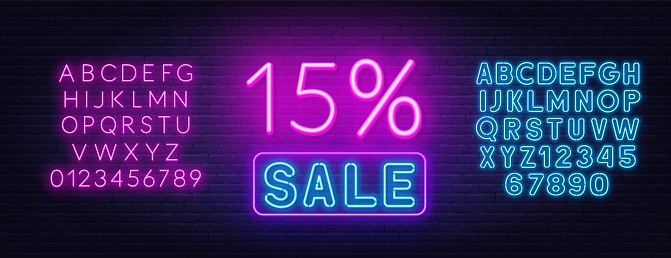 15 percent sale neon sign. Discount template. Blue and pink neon alphabet on brick wall background.