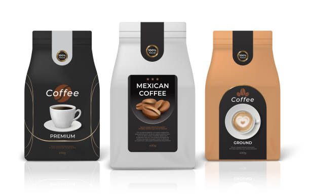 1909.m30.i030.n005.F.c06.1405512110 Coffee package. Realistic white black and brown zip package for flour pasta or sugar. Vector blank food pack mockups for brand design Coffee package mockup. Realistic food pack mockup with brand identity design, black white and brown paper zip packages. Vector set emblem little glossy bag for brand layout retail flour label designs stock illustrations