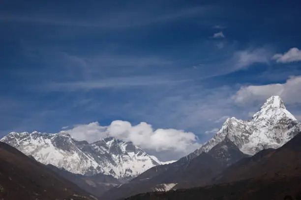Panoramic view of Mountain range Everest, Lhotse, Amadablam seen from Namche bazaar