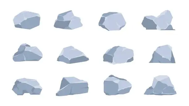Vector illustration of 1911.m30.i010.n012.P.c25.1399632638 Cartoon rocks. Coal and gray stone, flat isometric 3D boulders and cliff of various shapes. Vector geometric polygonal set