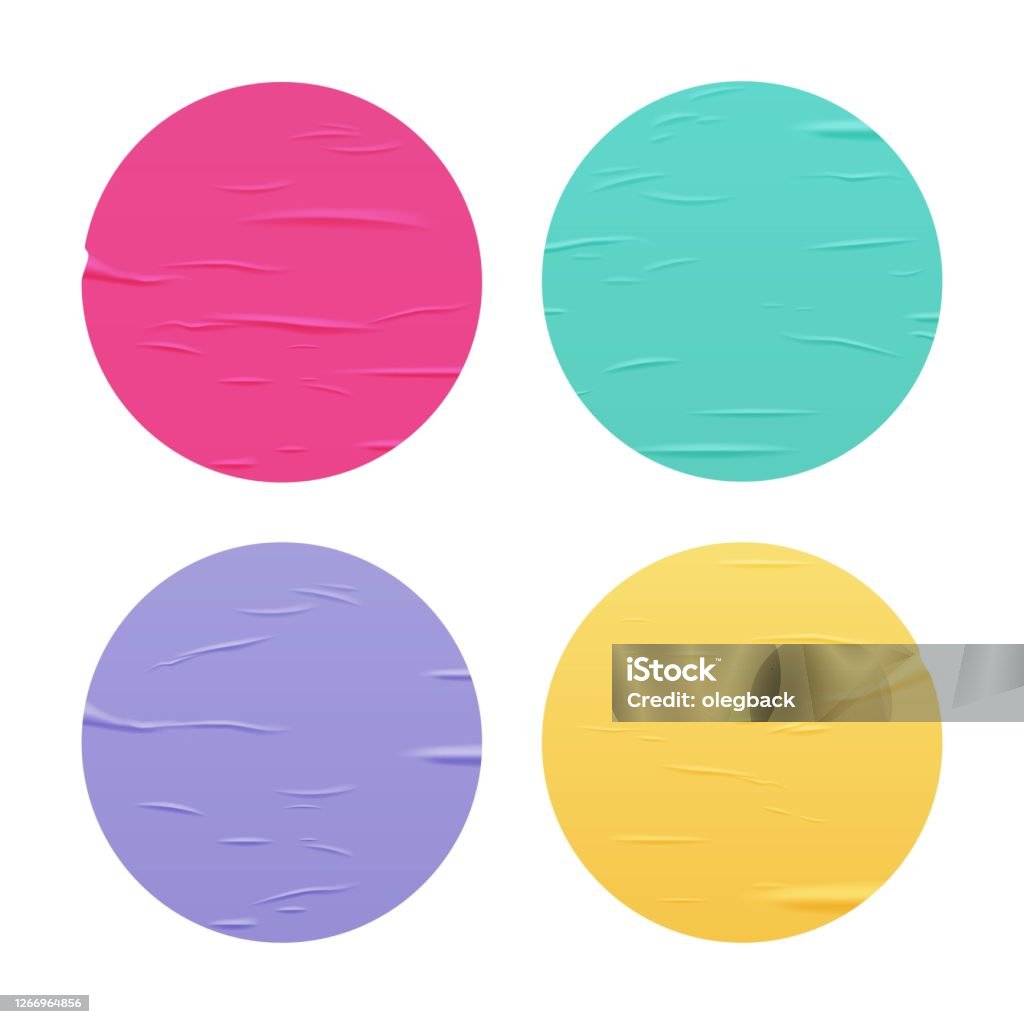 Glued color round stickers set isolated on white background. Vector realistic crumpled posters bundle. Wet greased wrinkles blank template texture. Empty advertising circles mockup for creative design. Glued color round stickers set isolated on white background. Vector realistic crumpled posters bundle. Wet greased wrinkles blank template texture. Empty advertising circles mockup for creative design Sticker stock vector