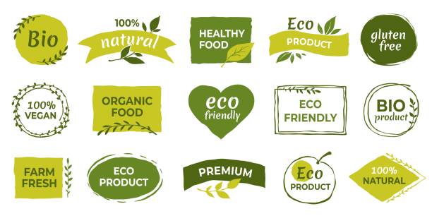 Eco logo. Organic healthy food labels and vegan products badge, nature farmed food tags. Vector gluten free and bio stickers Eco logo. Organic healthy food labels and vegan products badge, nature farmed food tags. Vector design elements image gluten free and bio stickers or green tag natures quality organic stock illustrations