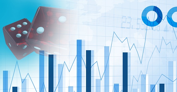 Digital illustration of two red dices over clock ticking, stock market statistics and graphs.Coronavirus Covid-19 pandemic concept digitally generated image