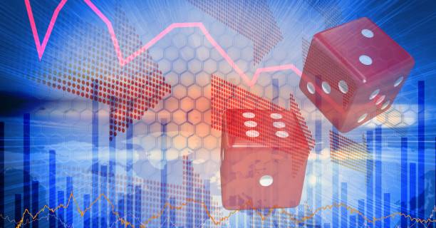 istock Digital illustration red dices over statistics and red arrows in a blue background 1266965542