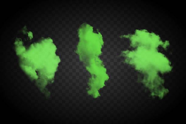 illustrations, cliparts, dessins animés et icônes de smog vert réaliste isolé sur fond transparent noir. ensemble spécial d’effets vecteurs de nébulosité de brume. conception lumineuse de éclaboussure de néon pour la décoration. nuage de fumée toxique, brume chimique, mauvaise odeur, brouillard. - toxic substance smoke abstract green