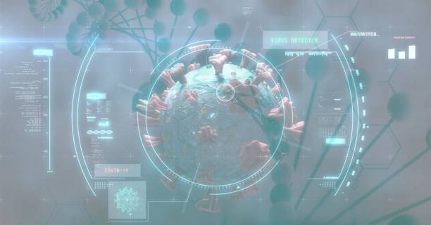 istock Scan of coronavirus covid19 cells and DNA strain with data processing 1266967292