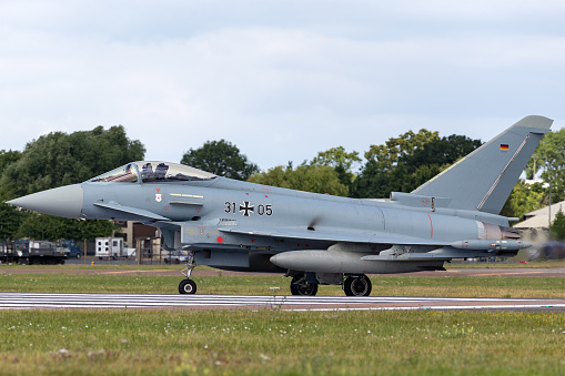 Gloucestershire, UK - July 14, 2014: German Air Force Eurofighter EF-2000 Typhoon multirole fighter aircraft taxiing at RAF Fairford.