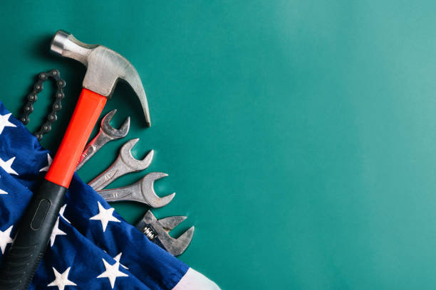 istock Labor day concept, Different kinds wrenches with American flag 1266967791