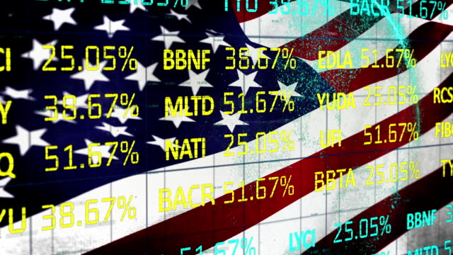 Stock market data processing against American national flag