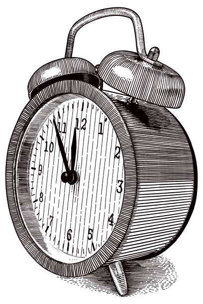 Vector drawing of alarm clock Etching style illustration of old style alarm clock alarm clock illustrations stock illustrations