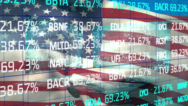Stock market data processing against American national flag