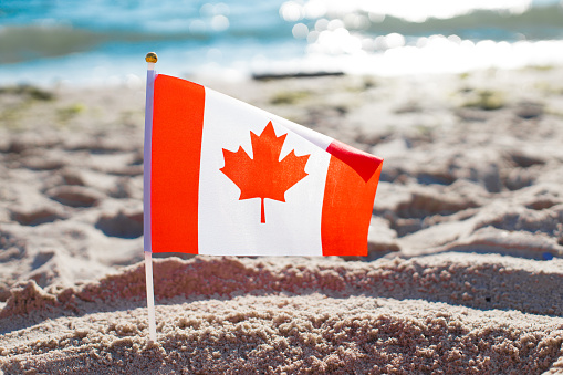Canada flag on the beach near the sea in sunny weather
