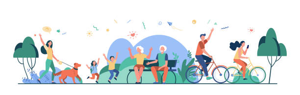 Happy group of various people in park Happy group of various people in park isolated flat vector illustration. Cartoon different character walking with dog, playing, sitting and biking. Summer and leisure concept expressing positivity park environment nature stock illustrations