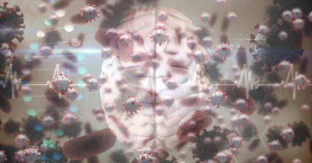 istock 3D brain and DNA strain with electrocardiograph and coronavirus Covid19 cells floating 1266969531