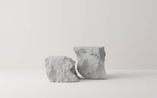 istock 3D Gray stone podium display set. Copy space white background. Cosmetics or beauty product promotion mockup.  Natural rough grey rock step pedestal. Trendy minimalist banner, 3D render illustration. 1266970845