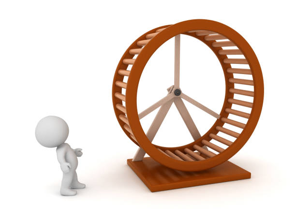 istock 3D Character Looking Up at Hamster Wheel 1266971290